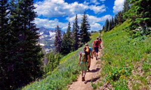 group of hikers walking up a path in spring or summertime in the Colorado mountains