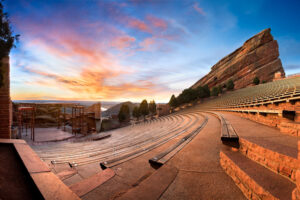 panoramic view of Red Rocks Park in Colorado during sunrise