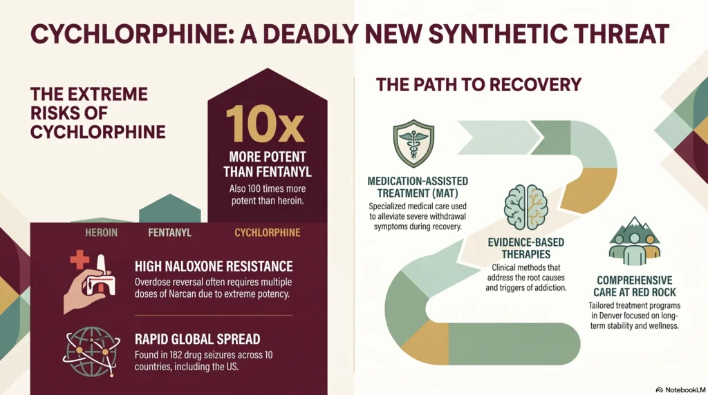 Infographic titled "Cychlorphine: A Deadly New Synthetic Threat" showing it is 10 times more potent than fentanyl and 100 times more potent than heroin, high naloxone resistance requiring multiple Narcan doses, spread across 182 drug seizures in 10 countries, and a path to recovery through medication-assisted treatment, evidence-based therapies, and comprehensive care at Red Rock in Denver.