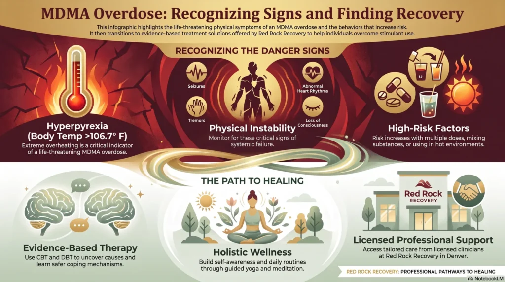 Infographic titled "Redefining Sex Addiction: From Myths to Healing" contrasting myths versus reality — that it is not just a high sex drive, not only about willpower, and recovery is not total abstinence — alongside a pathway to recovery through evidence-based psychotherapy, integrated medical support, and tailored care at Red Rock in Denver.