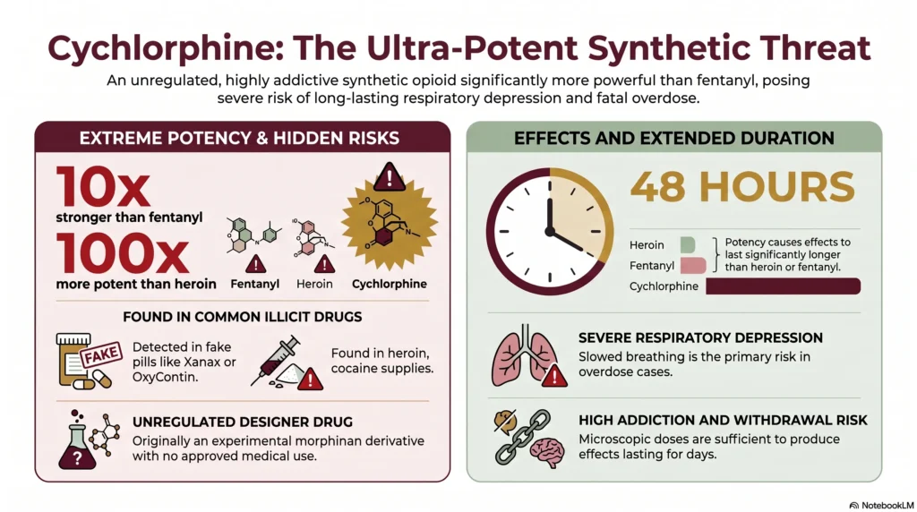 Infographic titled "Cychlorphine: The Ultra-Potent Synthetic Threat" showing extreme potency versus fentanyl and heroin, detection in fake pills and in heroin and cocaine supplies, its status as an unregulated designer drug, effects lasting up to 48 hours, severe respiratory depression as the primary overdose risk, and high addiction and withdrawal risk.