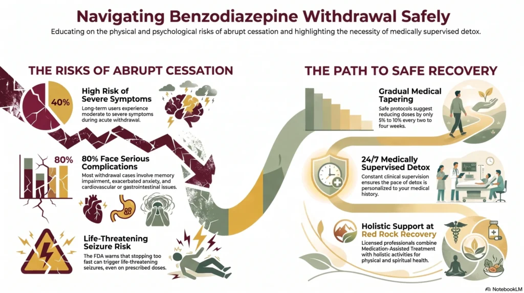 Infographic titled "Navigating Benzodiazepine Withdrawal Safely" showing the risks of abrupt cessation — 40% of long-term users face moderate to severe symptoms, 80% face serious complications, and life-threatening seizure risk — alongside the path to safe recovery through gradual medical tapering, 24/7 medically supervised detox, and holistic support at Red Rock Recovery.