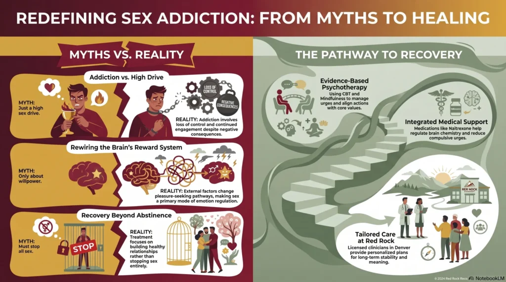 Infographic titled "Redefining Sex Addiction: From Myths to Healing" contrasting myths versus reality — that it is not just a high sex drive, not only about willpower, and recovery is not total abstinence — alongside a pathway to recovery through evidence-based psychotherapy, integrated medical support, and tailored care at Red Rock in Denver.
