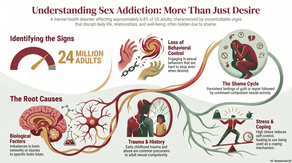 Infographic titled "Understanding Sex Addiction: More Than Just Desire" showing sex addiction affects around 6-8% of US adults or 24 million people, signs including loss of behavioral control and a shame cycle of guilt followed by continued compulsive activity, and root causes including biological factors, trauma and history, and stress and coping.