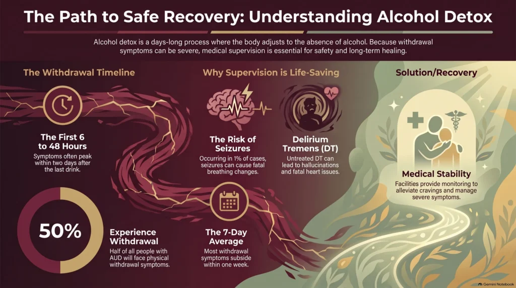 An infographic guide explaining the timeline, phases, and withdrawal symptoms associated with alcohol detox and the journey to recovery.