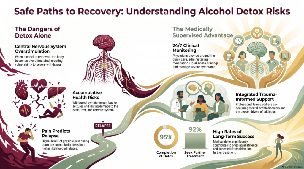 An infographic detailing the severe health risks of at-home alcohol detox and the lifesaving benefits of medical supervision.