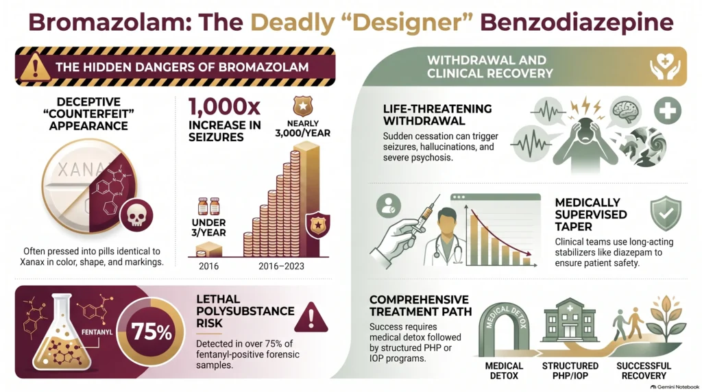 Infographic titled "Bromazolam: The Deadly Designer Benzodiazepine" showing its hidden dangers — a deceptive counterfeit appearance pressed to look like Xanax, a roughly 1,000-fold increase in seizures to nearly 3,000 per year, and detection in over 75% of fentanyl-positive forensic samples — alongside withdrawal and clinical recovery through a medically supervised diazepam taper and a treatment path of medical detox followed by structured PHP or IOP.