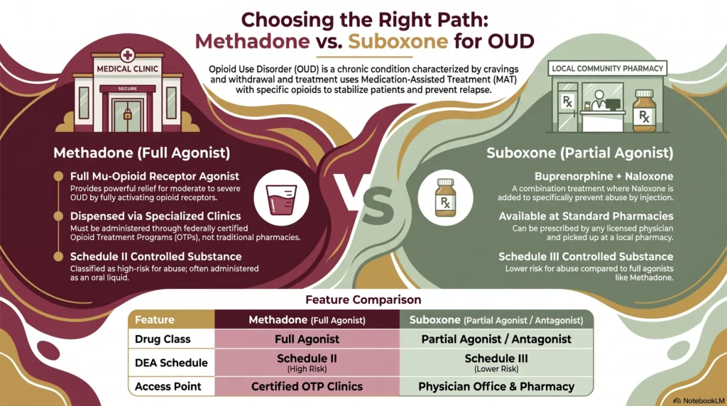 Infographic titled "Methadone vs. Suboxone: Choosing Your Path to Recovery" showing methadone as a full agonist with higher respiratory depression risk, daily clinic visits and Schedule II oversight, versus Suboxone as a partial agonist with a ceiling effect for safety, flexible home use and easier pharmacy access, alongside a quick-reference comparison of administration, best use, and legal status.