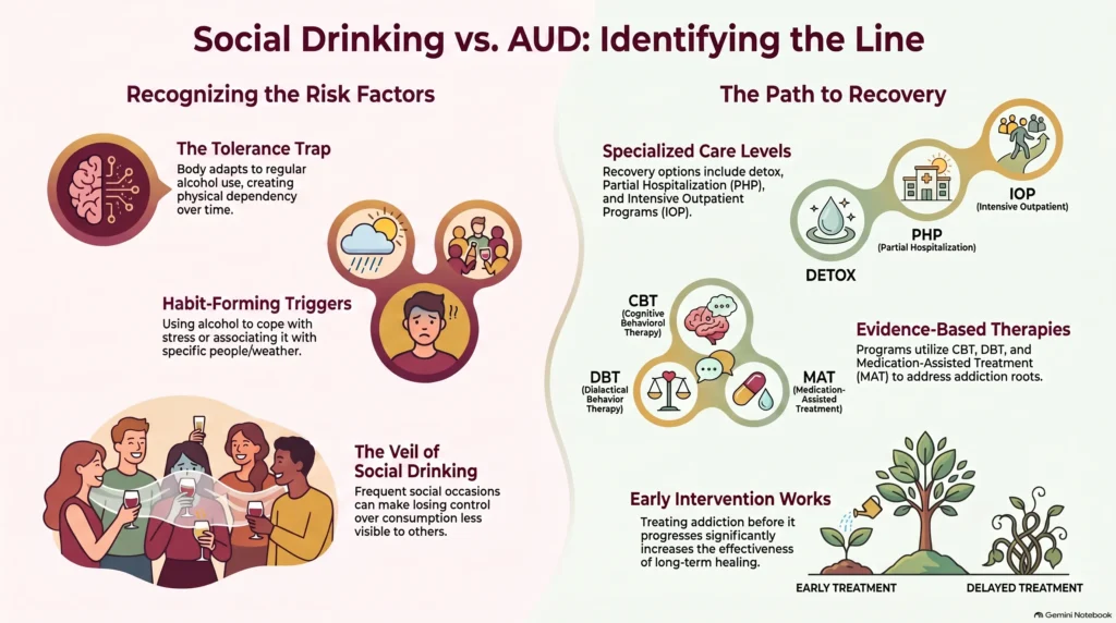 Infographic titled "Social Drinking vs. AUD: Identifying the Line" showing risk factors like the tolerance trap, habit-forming triggers, and the veil of social drinking, alongside the path to recovery through specialized care levels (detox, PHP, IOP), evidence-based therapies (CBT, DBT, MAT), and the value of early intervention.