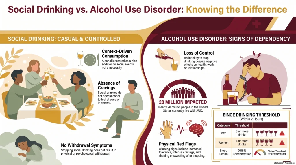 Infographic titled "Social Drinking vs. Alcohol Use Disorder: Knowing the Difference" contrasting casual, controlled social drinking — context-driven, without cravings or withdrawal — against signs of dependency including loss of control, physical red flags, and binge-drinking thresholds, noting that nearly 28 million people in the US live with alcohol use disorder.