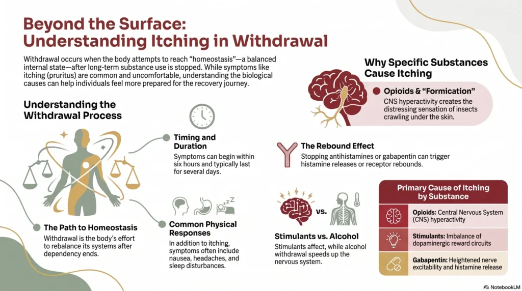 Infographic titled "Beyond the Surface: Understanding Itching in Withdrawal" explaining the withdrawal process, timing and duration of symptoms, and why specific substances cause itching — opioids through central nervous system hyperactivity and formication, stimulants through dopaminergic imbalance, and gabapentin through heightened nerve excitability and histamine release.