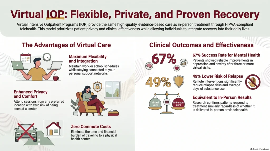 Infographic titled "Virtual IOP: High-Quality Recovery, Wherever You Are" showing a 45% success rate where nearly half of participants no longer require IOP care, over 70% program engagement, clinical rigor through evidence-based therapy, medication management and remote wellness, and who virtual IOP suits — rural residents, professionals and caregivers, and discreet recovery seekers.