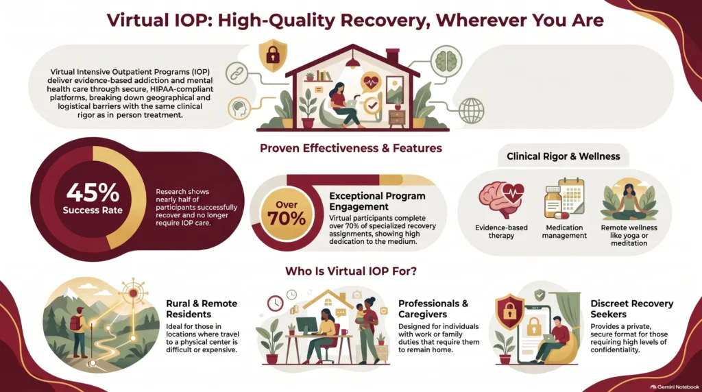 Infographic titled "Virtual IOP: Flexible, Private, and Proven Recovery" showing the advantages of virtual care — maximum flexibility, enhanced privacy, and zero commute costs — alongside clinical outcomes including a 67% success rate for improvements in depression and anxiety, a 49% lower risk of relapse, and results equivalent to in-person care.