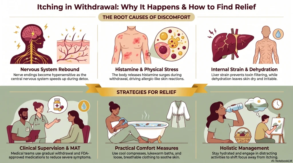 Infographic titled "Itching in Withdrawal: Why It Happens & How to Find Relief" showing the root causes of discomfort — nervous system rebound, histamine and physical stress, and internal strain and dehydration — alongside strategies for relief including clinical supervision and MAT, practical comfort measures like cool compresses and lukewarm baths, and holistic management through hydration and distraction.