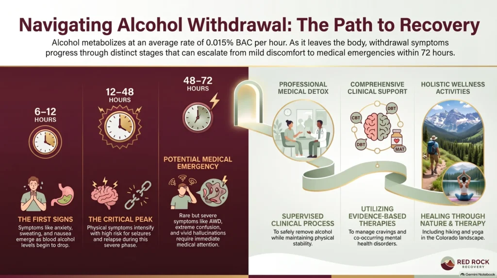 Infographic on alcohol withdrawal risks and triggers: the biology of withdrawal (nervous system overdrive when a depressant is removed, 50% of people with AUD experience withdrawal, and 1% face severe or fatal risks like seizures or delirium tremens) and factors defining high-risk drinking, including the NIAAA heavy-drinking thresholds for men and women.
