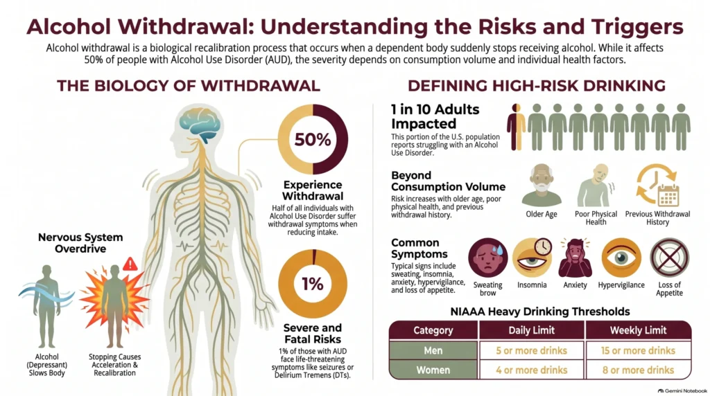 Infographic on navigating alcohol withdrawal: a symptom timeline from the first signs at 6-12 hours to the critical peak at 12-48 hours and a potential medical emergency at 48-72 hours, followed by Red Rock Recovery's path through professional medical detox, evidence-based therapies (CBT, DBT, MAT), and holistic wellness in Colorado.