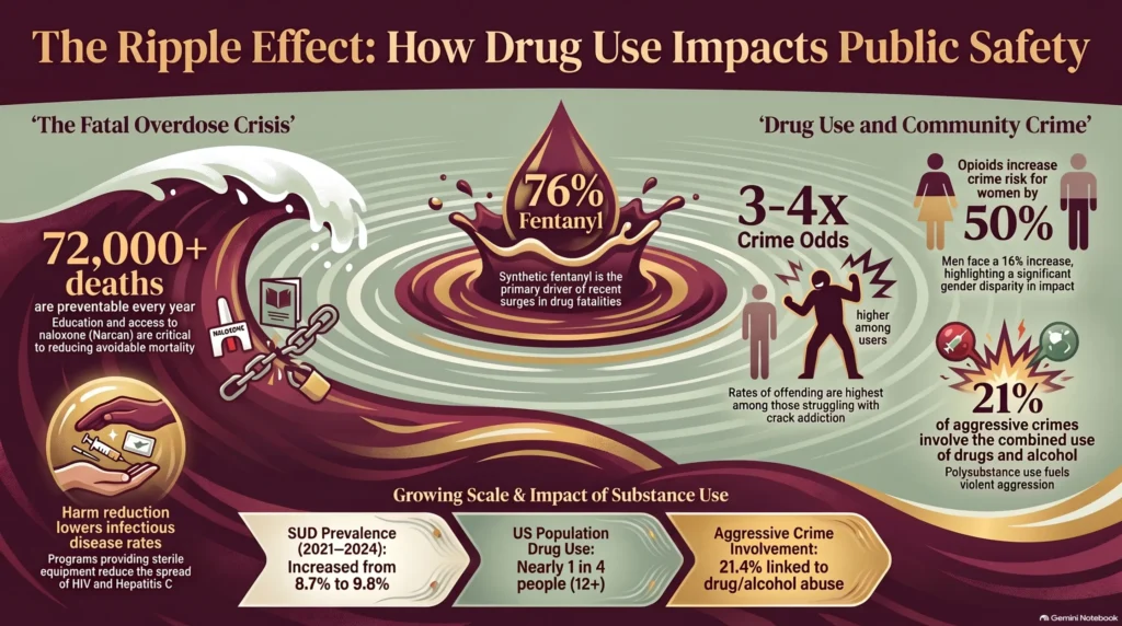 Infographic on how drug use impacts public safety: the fatal overdose crisis (72,000+ preventable deaths a year, 76% of overdose deaths driven by synthetic fentanyl, and harm reduction lowering infectious disease) and drug-related community crime (3-4x higher crime odds, opioids raising women's crime risk by 50%, and 21.4% of aggressive crimes linked to combined drug and alcohol use).
