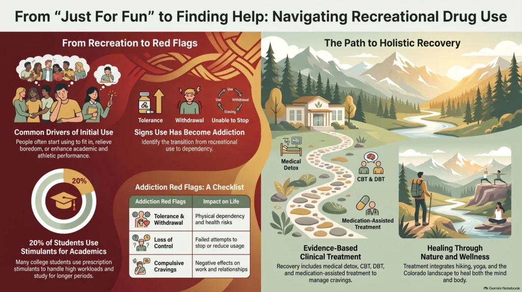 Infographic on navigating recreational drug use: common drivers of initial use, addiction red flags (tolerance, withdrawal, loss of control, cravings), and Red Rock Recovery's path to recovery through medical detox, CBT, DBT, MAT, and nature-based wellness in Colorado.