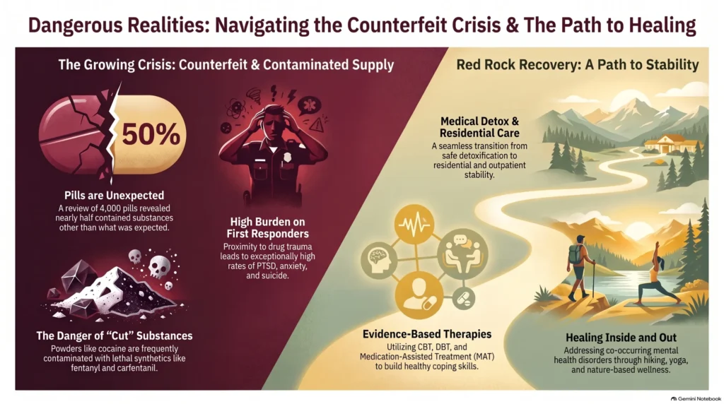 Infographic on the counterfeit drug crisis and the path to healing: nearly half of reviewed pills contained unexpected substances, powders like cocaine are cut with lethal synthetics like fentanyl and carfentanil, and first responders face a high burden—alongside Red Rock Recovery's path to stability through medical detox, residential care, CBT, DBT, MAT, and nature-based wellness.