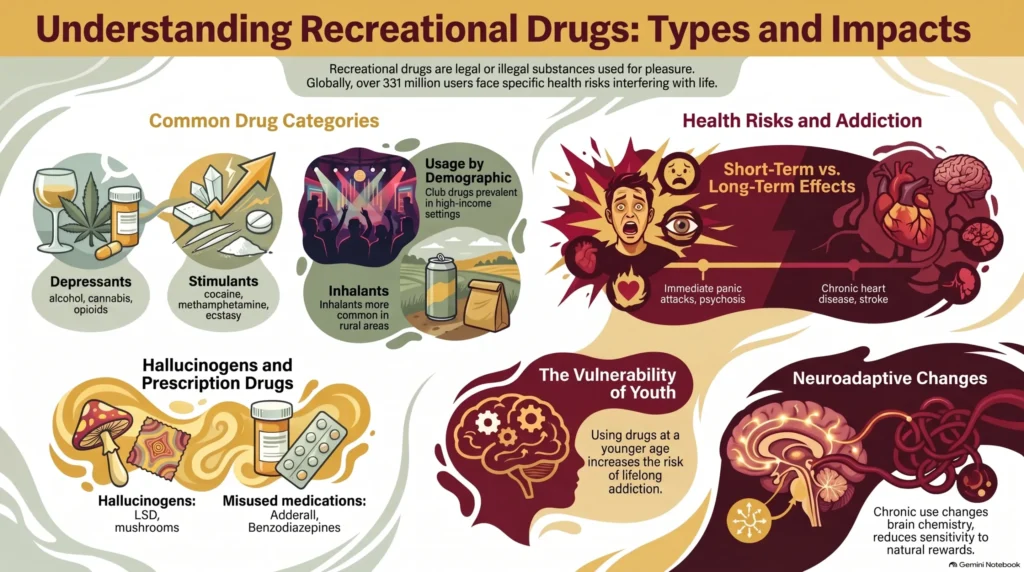 Infographic on recreational drug types and impacts: drug categories (depressants, stimulants, hallucinogens, prescription drugs), short- vs. long-term health risks, youth vulnerability, and neuroadaptive brain changes from chronic use.